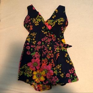 Vintage Sears navy blue swimsuit with floral print